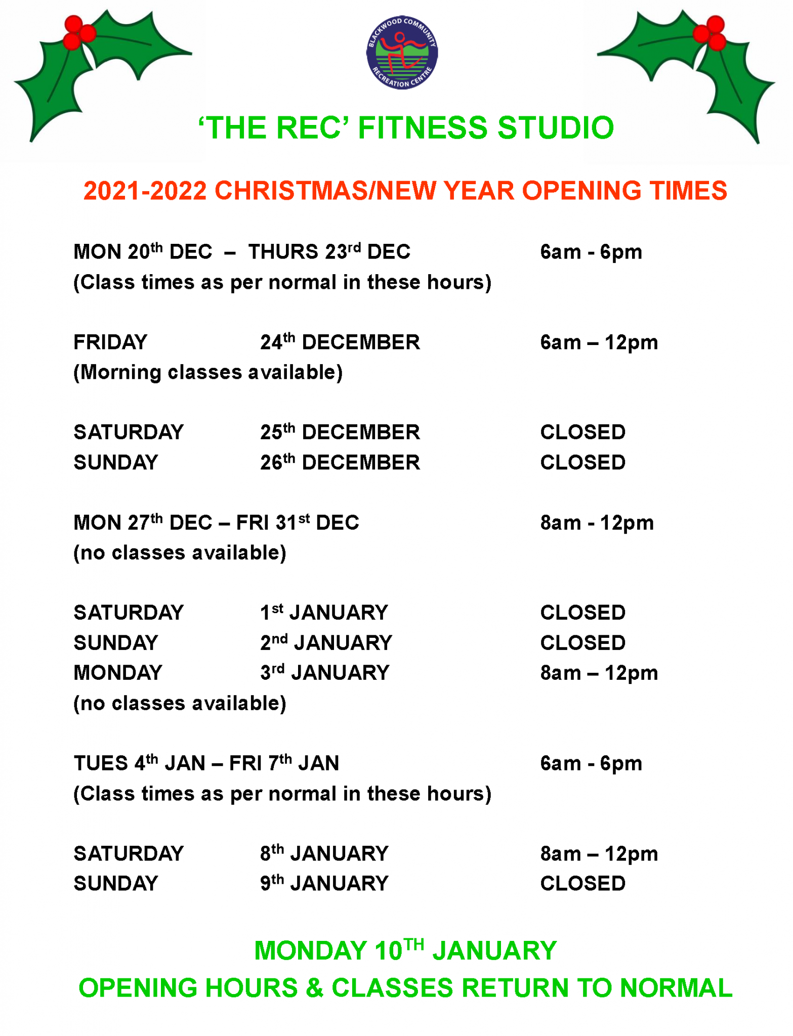 Fitness Studio Christmas Hours 2021-2022 - Blackwood Recreation Centre